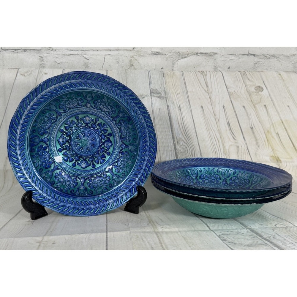 Lot Of 4 Blue Decorative Bowls Glass Floral Turkish